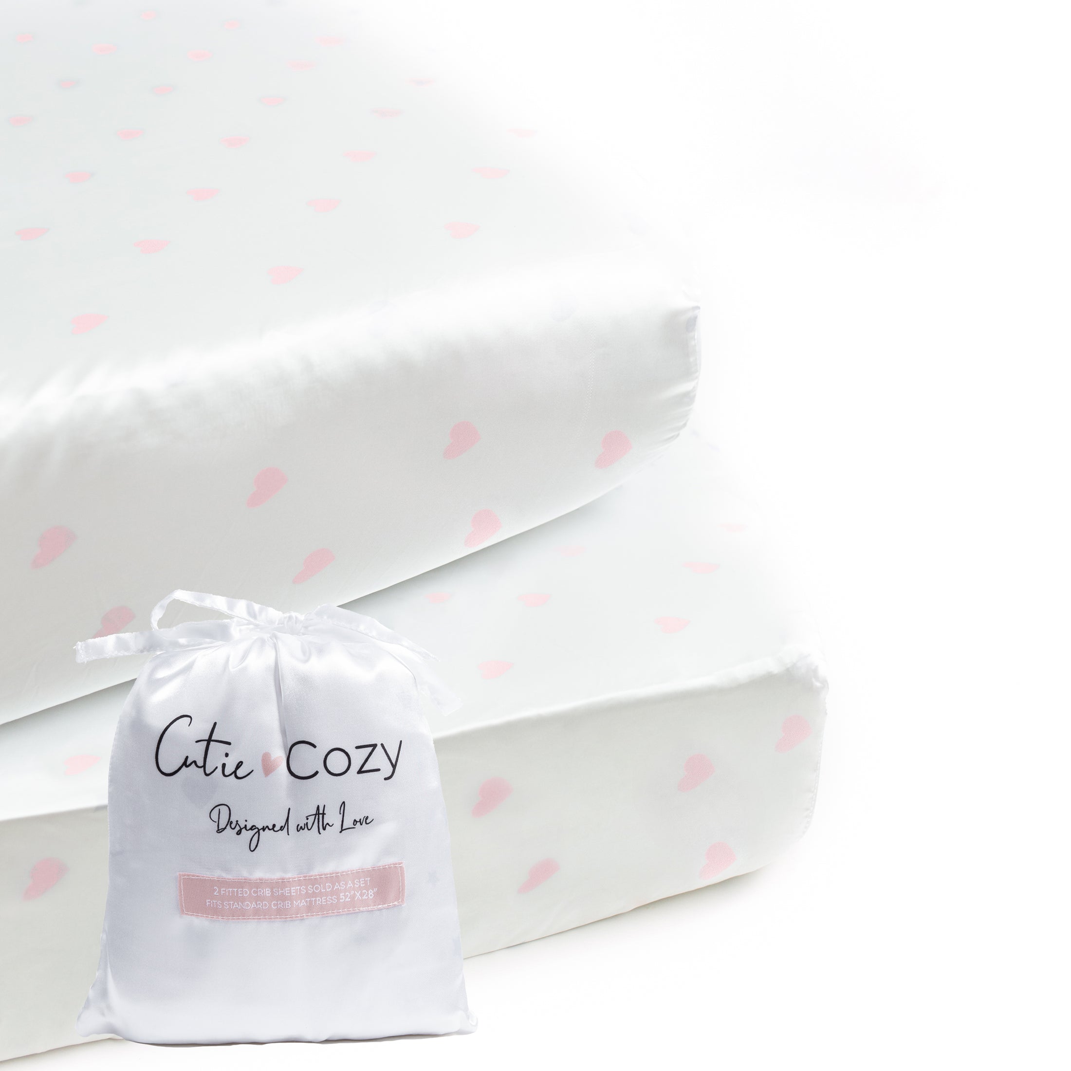 CutieCozy Satin Fitted Crib Sheets, Pink Love Print (2 Pack)