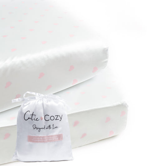CutieCozy Satin Fitted Crib Sheets, Pink Love Print (2 Pack)